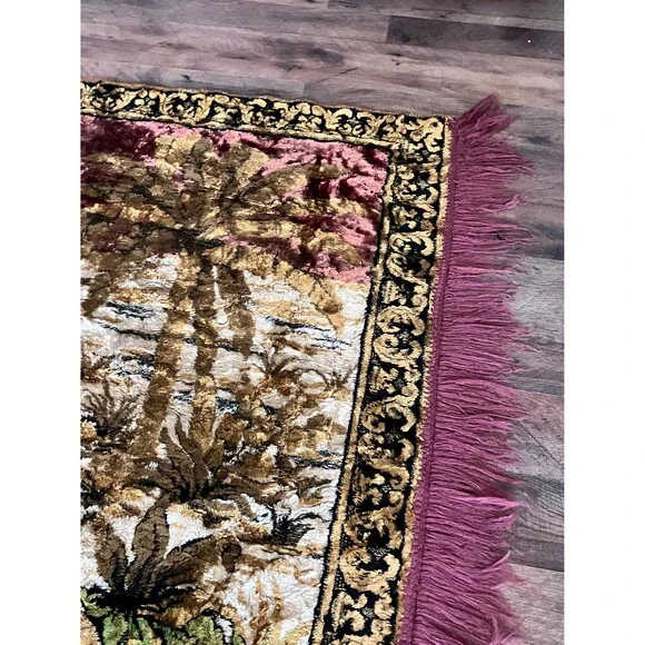 Large Vintage Lion Fringed Tapestry or Rug, 74 inches by 47 inches